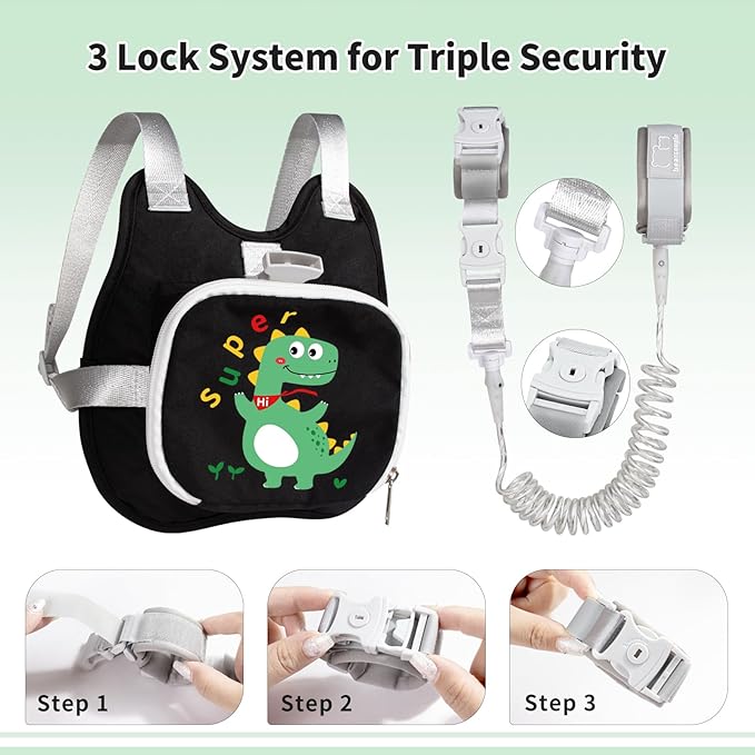 Toddler Harness Backpack Leash with Wrist Link | Cute Dinosaur Anti-Lost Walking Strap for Kids | Foldable & Adjustable Child Safety Belt for Boys & Girls(Black)