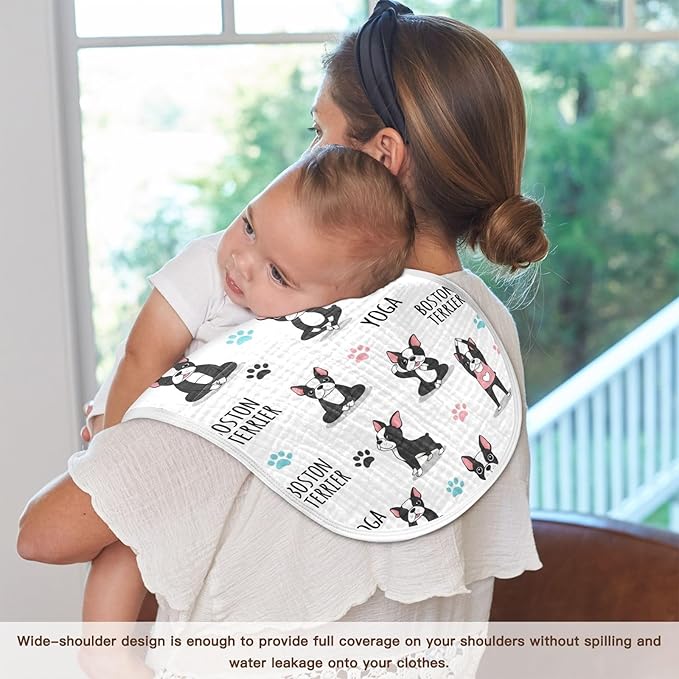 Qinllo 4 Pack Muslin Burp Cloths Dogs Yoga White Cotton Baby Burp Cloths Absorbent Soft Burping Cloth Washcloths for Newborn Baby Boys Girls 22x11 Inch