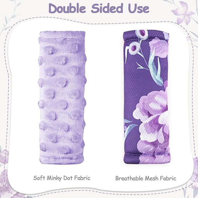 WINGHENLEE Baby Car Seat Strap Pads Suit, 3 Pieces Soft Car Seat Strap Shoulder Covers for Baby Infant Toddler, Double-Sided Car Seat Belt Covers for Stroller, Pushchair, Baby Swing, Purple Floral
