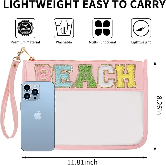 Iqimott Chenille Letter Clear Bag Beach Pouch, Monogram PVC & PU Makeup Cosmetic Bag Zipper Toiletry Pouch, Waterproof Portable Travel Snack Wristlet Bags for Women Girls(Beach, Pink)
