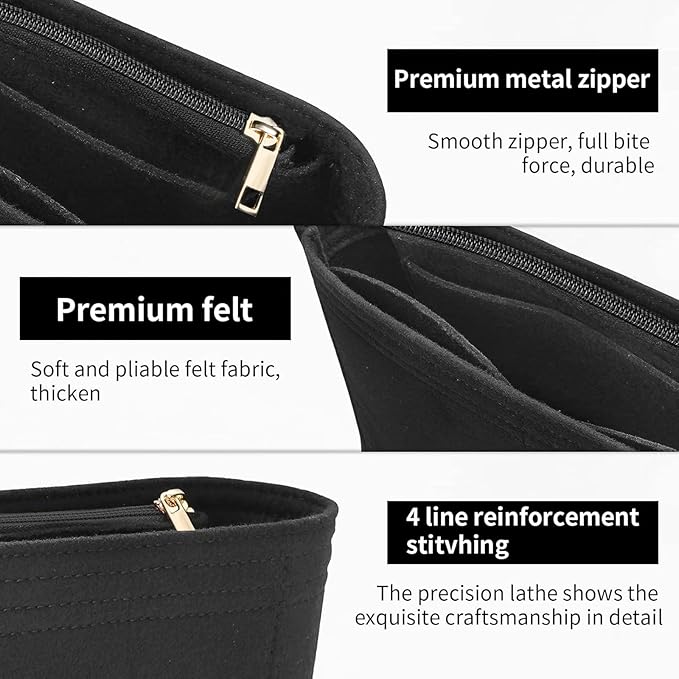 LOUKAYCCI Felt Insert Purse Organizer with Zipper, GG Marmont Matelasse Shoulder Bag Liner Pouch for Women Inner Bladder Storage Bag (Small, Black)