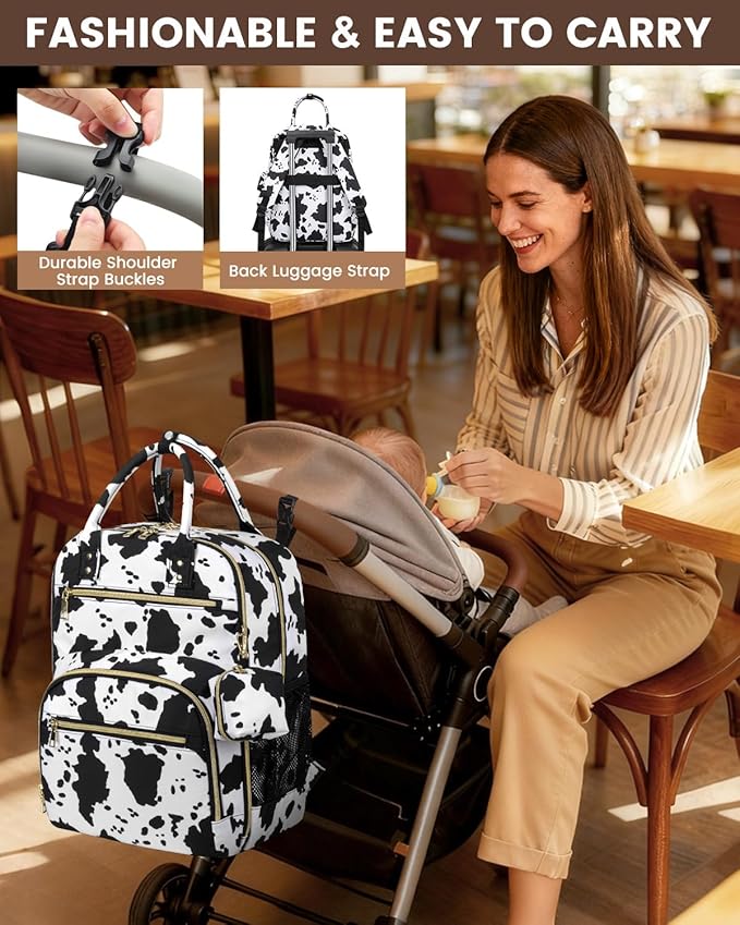 Pritent Diaper Bag Backpack,Baby Essentials Diapers Bag with Pacifier Case,Multipurpose Stylish Large Capacity Travel Backpack for Baby Girl/Boy(L-Cow Print)