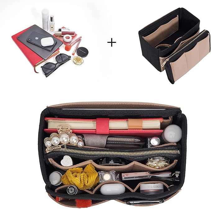 Vercord Felt Organizer Insert For Purse Handbag Tote Bag In Bag Inside Shaper Divider Neo Black & Beige X-Large