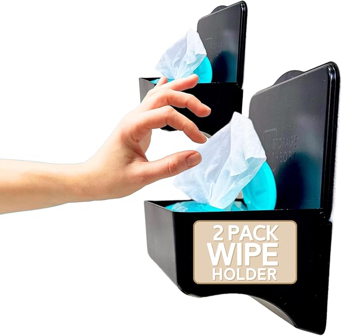 Wipe Holder for Bathroom – Adhesive Wall Mount Organizer – Bathroom Shelf & Baby Wipes Dispenser – Black, 2 Pack