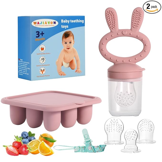 Baby Breastmilk Popsicle Molds & Baby Fruit Feeder (2 Pack), Baby Food Freezer Tray Storage Containers, Silicone Teething Pacifier Feeder and Teether for Babies,Baby Feeder-Pink