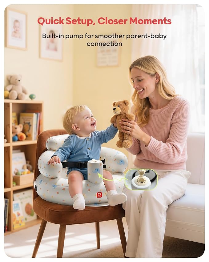 QPAU Inflatable Baby Seat with Safety Harness for Babies 3 Months & Up, Baby Floor Seats for Sitting Up, Baby Seats for Infants, Blow Up Baby Chair with Built in Air Pump (Elephant)