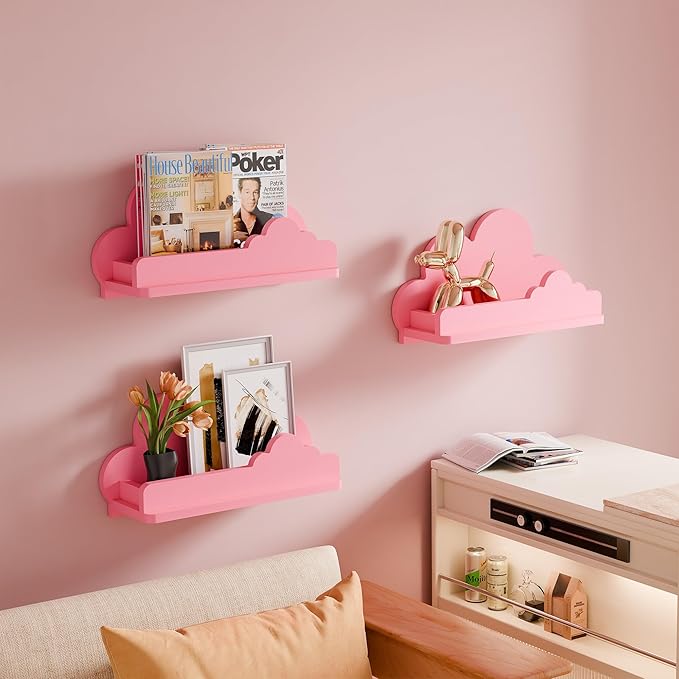 Cloud Shelves for Kid’s Room, 13’’ Long Nursery Wall Deor Set of 3, Pink Cloud Bookshelf Floating Shelf, Figure Shelf Wall Mounted, Cute Decorative Cloud Wall Shelf for Toys, Plants & Storage