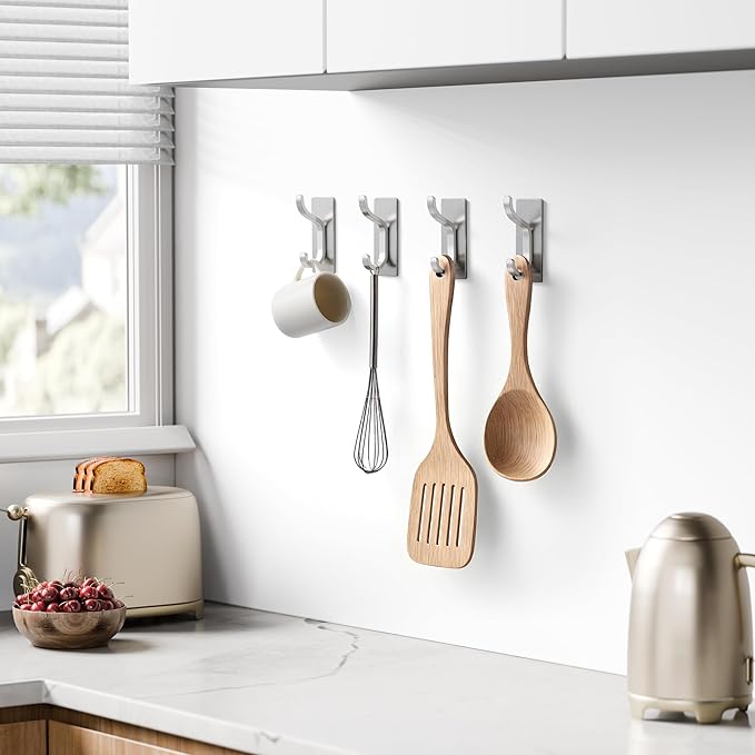 pickpiff Adhesive Wall Hooks for Hanging Towels - Heavy Duty Stick On Hooks, Strong Hold up to 13 lbs, Hangers for Coats, Bags, Purses, Ideal for Door, Closet, or Bathroom, Brushed Silver,4 Pack