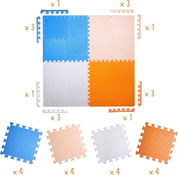 Coolcandy Baby Foam Play Mat 16Pcs with Edge Strips, 4 Colors Interlocking Floor Tiles, 0.4″ Thickened Non-Slip Puzzle Floor Mat for Infants Toddlers Playroom & Daycare