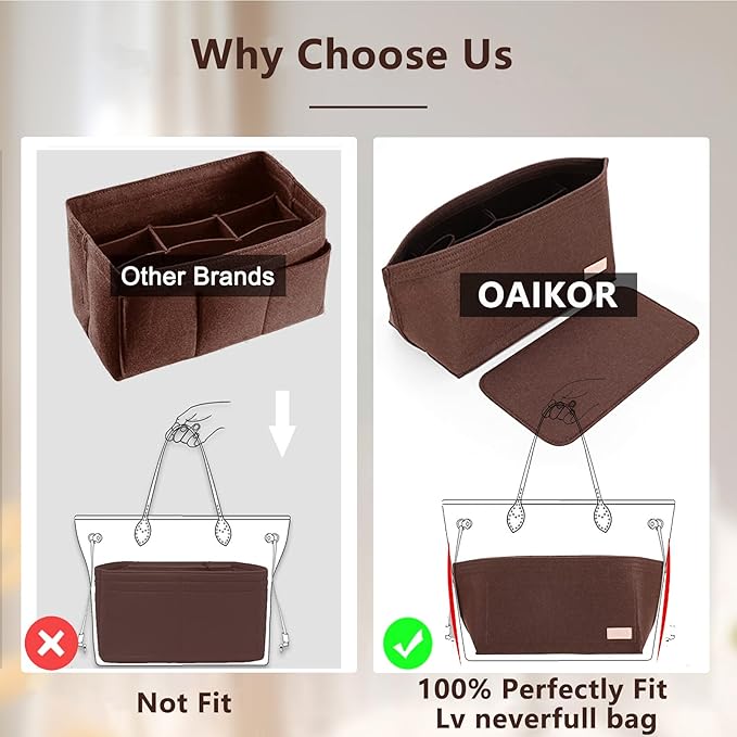 Purse Organizer Insert, Tote Bag Organizer Insert with Base Shaper,Felt Zipper Handbag Shaper Compatible with Neverfull MM Speedy 30, City 33 and More,Brown/L