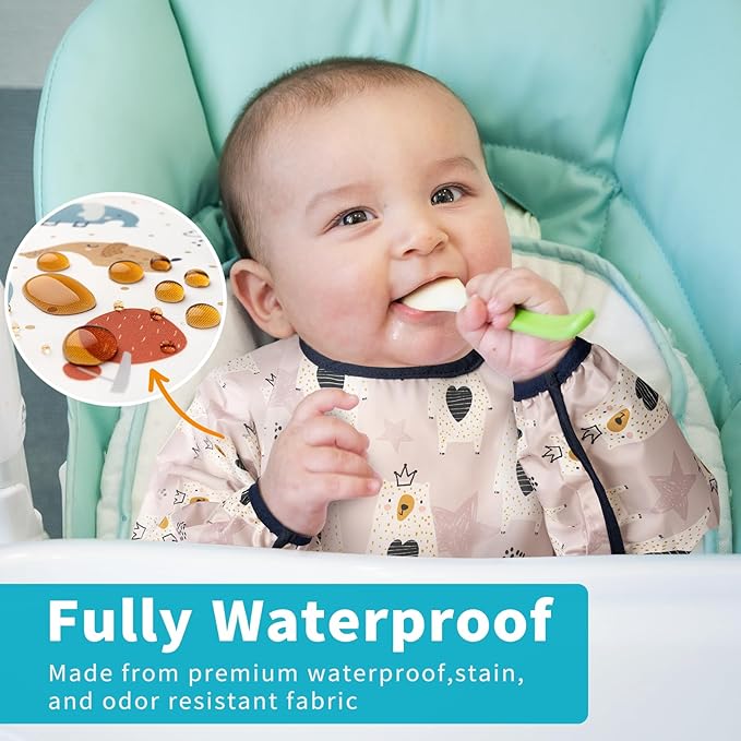 3 Pcs Long Sleeved Bib Set | Baby Waterproof Bibs with Pocket Bundle Toddler Bib with Sleeves and Crumb Catcher 6-24 Months