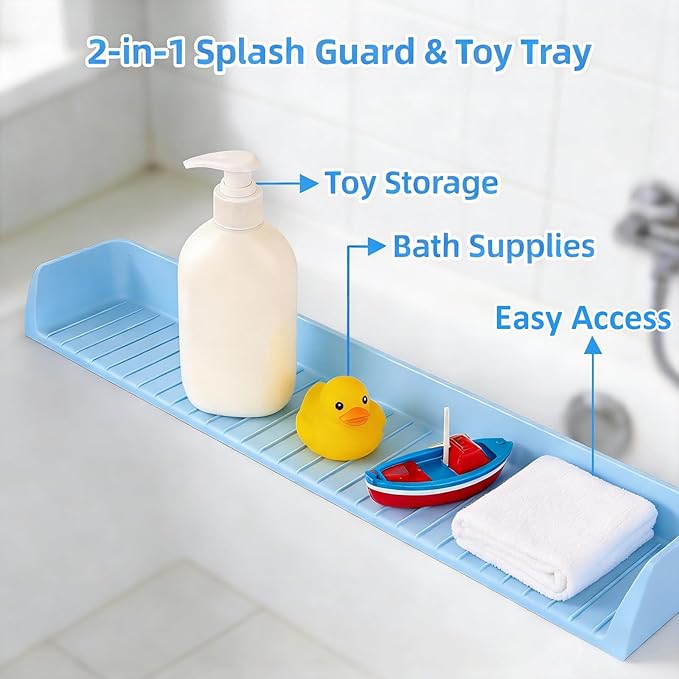 Bathtub Splash Guard for Kids - 31 Inch Silicone Tub Side Shelf with Strong Suction Cups, Toy Tray Holder to Prevent Water Spills, Keep Bathroom Dry (Light Blue)