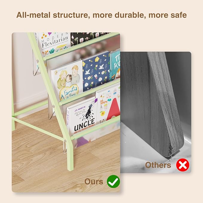 High-Transparent 4 Tier Kids Bookshelf, Sturdy Metal Large Size Book Rack Storage for Kid - Toddler Book Shelf Display for Nurasery, Playroom or Kids Room, Bookshelf Hold More Books - Green