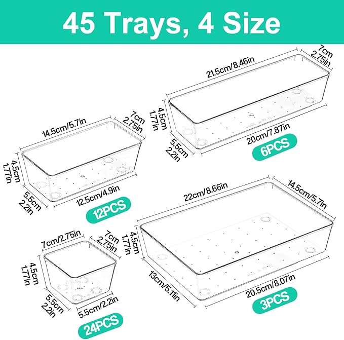 Clear Plastic Drawer Organizers Set of 45 Vanity Organizers Stackable Storage Bins Dividers Bathroom Organizers Storage Vanity Organizer Bins for Makeup, Kitchen Utensils, Jewelries, Office