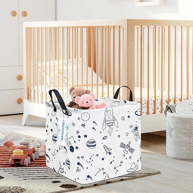 LANGYASHAN Square Storage Baskets Waterproof Canvas Children Laundry Nursery Hamper for Shelves Gift Baskets Toy Organizer Room Decor (Square spaceship)