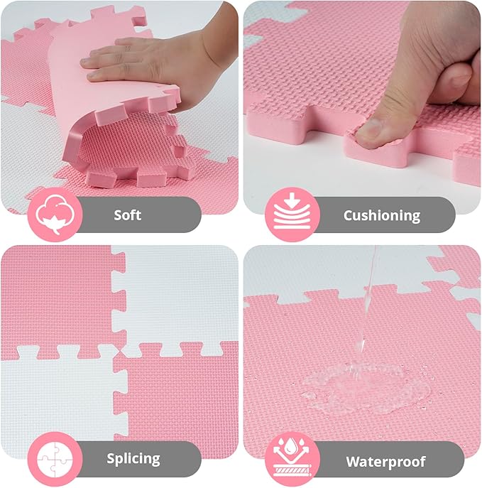 16 Tiles Baby Play Mat for Floor, EVA Foam Baby Floor Play Mat with 0.6 Inch Thick Interlocking Foam Tiles, Foam Floor Tiles for Baby, Toddlers and Kids (Pink-White, 16PCS)