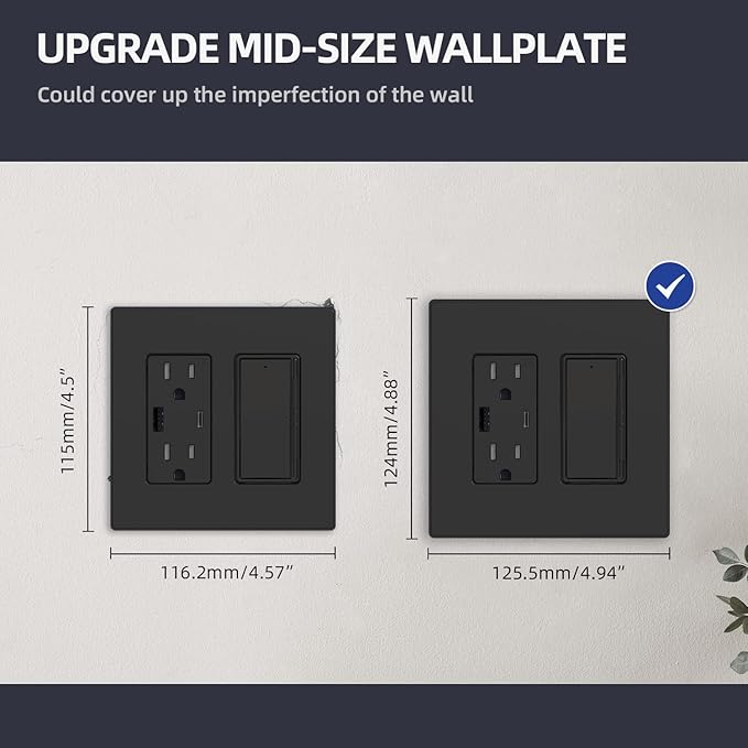 ELEGRP 2-Gang Screwless Decorative Wall Plates, Mid-Size 4.88" height x 4.94" length Unbreakable Thermoplastic Faceplate Cover for Decorator Receptacle Outlet & Switch, UL Listed (2 Pack, Matte Black)