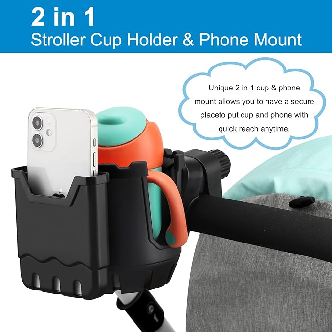 Accmor Stroller Cup Holder with Phone Holder, Universal Cup Holder, 2-in-1 Cup Phone Holder for Stroller, Bike, Walker, Wheelchair