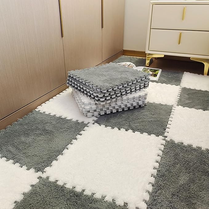 12pcs Plush Puzzle Foam Floor Mat, Soft Fluffy Interlocking Square Foam Tiles Area Rugs Carpet for Parlor Bedroom Decoration(11.8x11.8x0.4in, Grey&White)