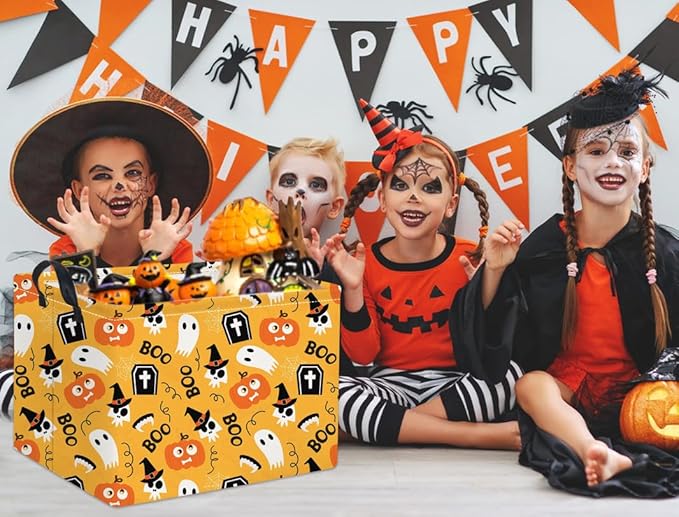 TIBAOLOVER Rectangular Halloween Basket for Kids Cute Pumpkin Basket Storage Bin Organizer Box Room Decor for Halloween Parties(Yellow Pumpkin)