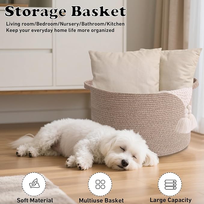 Large Storage Basket with Handle,19.7" L x 19.7" W x 13" H Blanket Basket Storage Bins for Organizing,65L Cotton Rope Woven Baskets for Living Room, Nursery,Bedroom,Brown