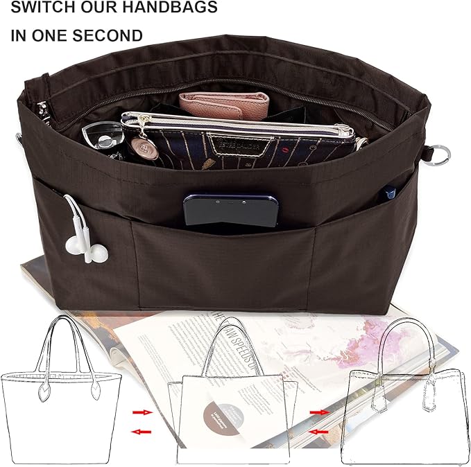 Time Wing Handbag Tote Purse Organizer Insert Bag Liner Shaper Divider Zipper 11 Pockets Compartments Medium Coffee