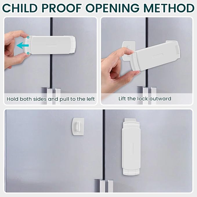 CLYMENE French Door Fridge Lock - Childproof, Adjustable, Easy Install - Cabinet Safety Latch Lock for Kids & Toddlers (White)