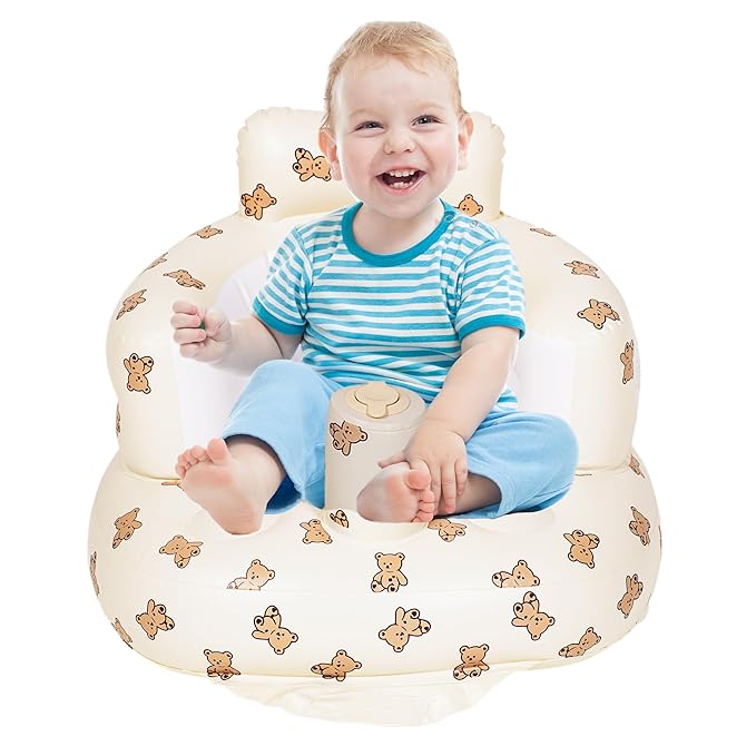 Inflatable Baby Seat Blow up Chair Inflatable Infant Chair for Babies 3-36 Months Learn to Sit up Floor Seat Bliss Built in Air Pump Brown Bear