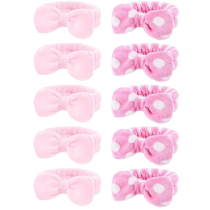 10 Pack Pink Bow Skincare Headbands - Plush Spa Headbands for Women & Girls with Polka Dot & Solid Designs for Valentine's Day, Skincare, Yoga, and Party Favors