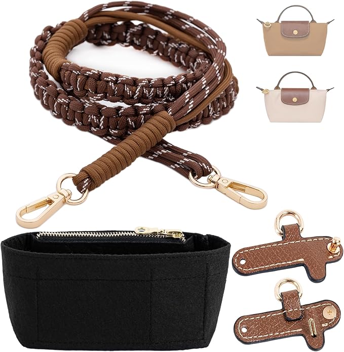 Handwoven Adjustable Shoulder Strap & Mini Bag Organizer Set for Longchamp Mini Bag, Includes Inner Liner & Strap, No-Punch Design – Brown & Black