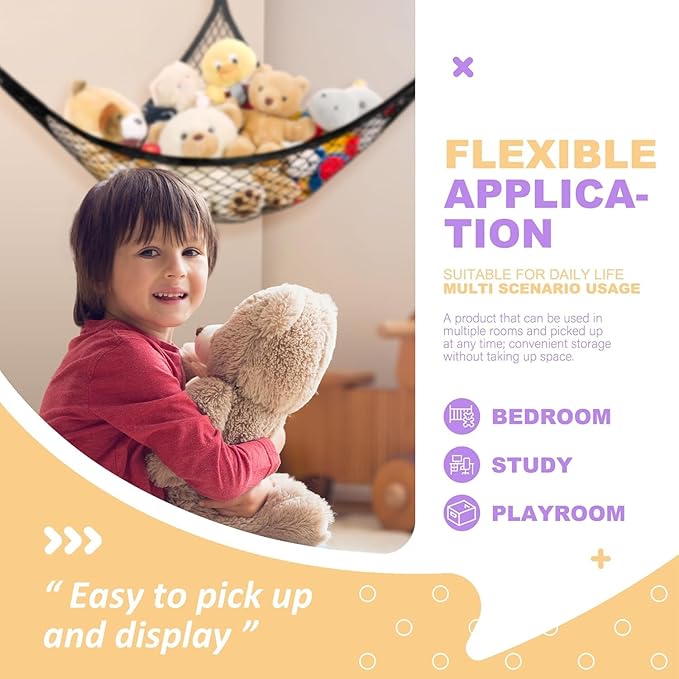 Lazebox Stuffed Animal Net Hammock for Plushie Toys, Stuffed Animal Hammock Corner for Kids' Room Decor, Ideas for Organizing Stuffy Collection, Black, L (67" x 40" x 40")-Pack of 2