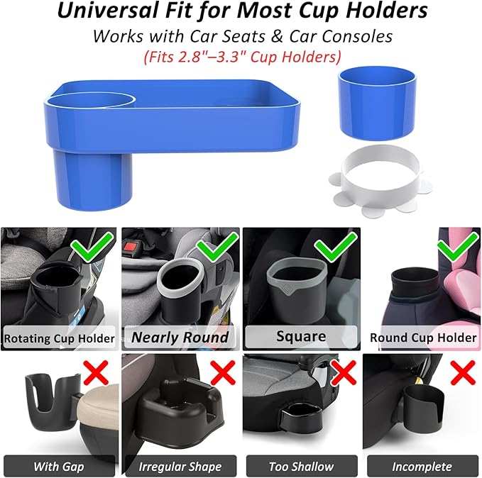 Car Seat Snack Tray for Kids, Mess-Free Square Travel Tray Cup Holder Snack Tray, Durable Car Food Tray for Toddlers, Universal Fit Kids Travel Road Trip Essentials (blue)