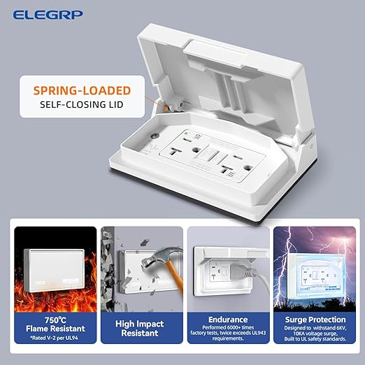 ELEGRP Horizontal Outdoor GFCI Outlet with Cover, Weather Resistant GFCI Receptacle and Wall Plate, 20 Amp Self-Test GFI Outlet, Thinner Design Ground Fault Receptacle, UL Listed, Matte White, 2 Pack