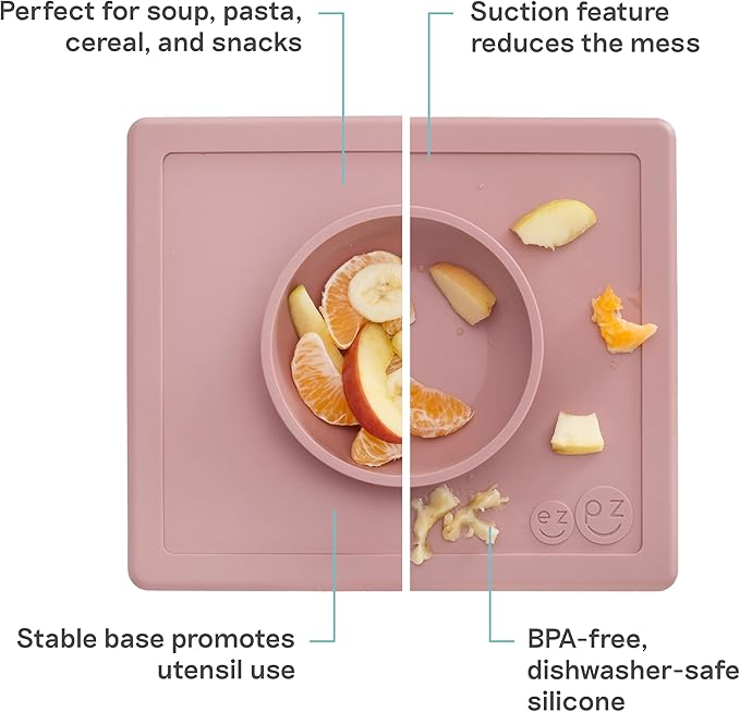 ezpz Happy Bowl - 24 Months + (Blush) - 100% Silicone Suction Bowl with Built-in Placemat – Dishwasher Safe