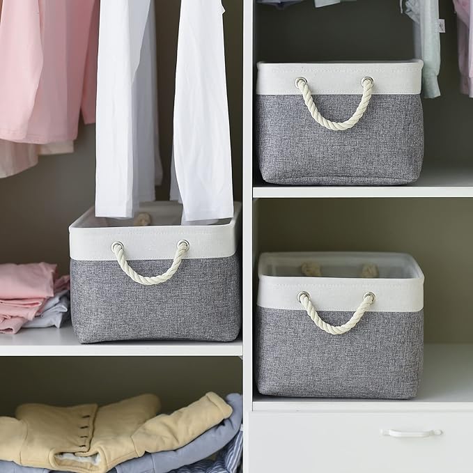 Sacyic Large Storage Baskets for Shelves, Fabric Baskets for Organizing, Collapsible Storage Bins for Closet, Nursery, Clothes, Toys, Home & Office [3-Pack, White&Grey]