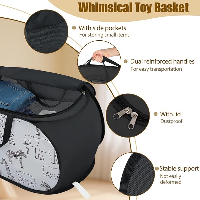 Seefoo Cute Storage Basket with Zipper Lid, Collapsible Toy Basket with Handles - Foldable, Lightweight Sturdy Fabric Animal Print Toy Bin for Kids Room, Boys/Girls Room, Playroom, Bedroom, Black
