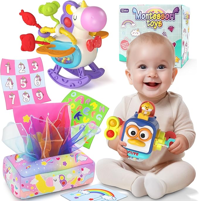 usrela 3 in1 Baby Toys 12 to 18 Months - Busy Board Sensory Toys, Tissue Box Toy, Pull String Teether, Learning Toy for Babies, Infant Gifts for 12 18 Months Old