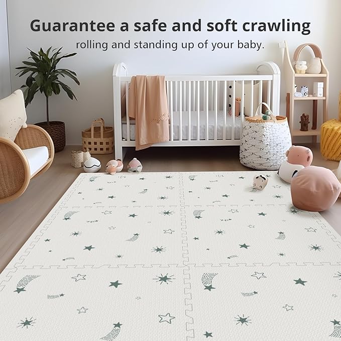 Foam Baby Play Mat, PIGLOG 72"x 48" Baby Crawling Mat for Kids for Babies with Interlocking Floor Tiles, Toddler Playmat for Indoor and Outdoor, Easy to Clean Playroom Floor Mats, Starlight