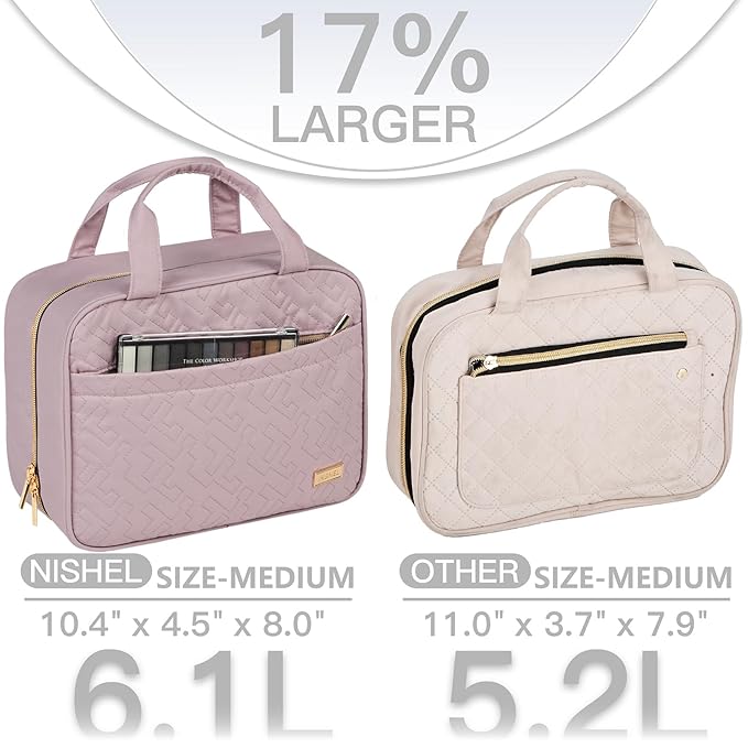 NISHEL Travel Toiletry Bag for women, Portable Hanging Organizer for Travel-Sized Shampoo, Conditioner, Brushes Set, Makeup Accessories, Medium Size, Peach Pink