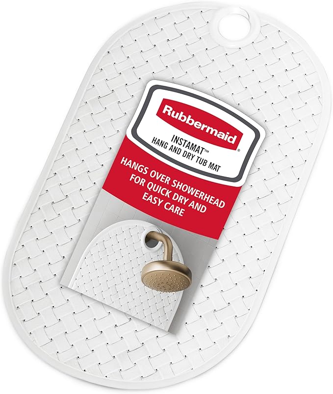 Rubbermaid INSTAMAT Bath Tub Shower Mat, Non-Slip Tub Mat with Suction Cups, Bath Mat Hangs on Showerhead for Quick Dry, 27.2 x 15.2 Inch, BPA-Free, Easy to Clean, for Inside Tub or Shower, White