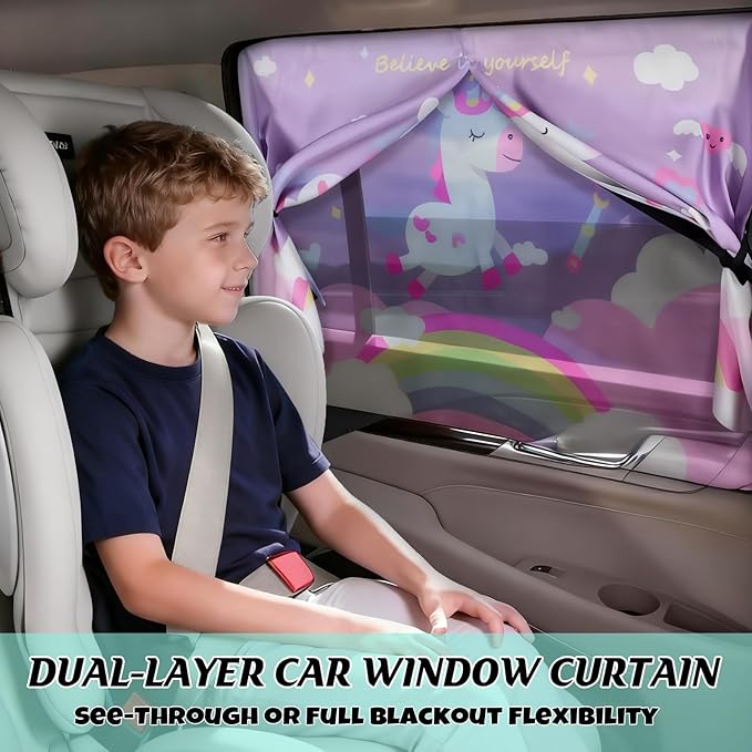 Car Window Shade for Baby, 2 Pack Magnetic Double Layer Cute Unicorn Car Shades for Side Windows, Adjustable Privacy Blackout/See-Through Window Curtains for Baby Kids UV Protection