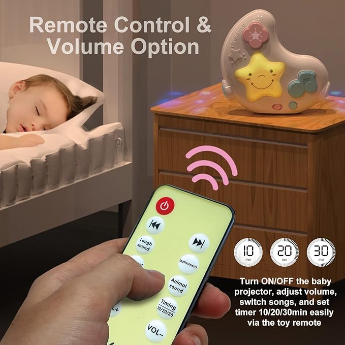 White Noise Machine and Baby Soother with Remote, 108 Lullaby Music, Soothing Sounds and Night Light for Newborn Nursery Sleeping, Musical Crib Toy, Portable Baby Sound Machine for Travel