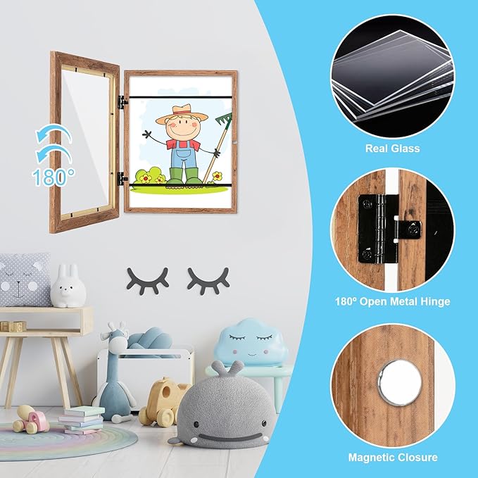 [2-Pack] Kids Art Frames, 8.5x11 Front Opening Kids Artwork Frames Changeable, Dark Woodgrain Artwork Display Storage Frame for Wall, Holds 50 Pcs, for 3D Picture, Crafts, Children Drawing, Hanging