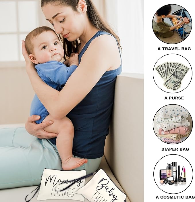 Mommy & Baby Bag - Canvas Zipper Pouch Set, New Mom Essentials, Postpartum Travel Toiletry Bag for Baby, 2 PCS