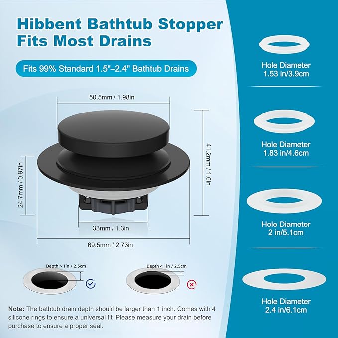 Hibbent 2 Pack 3 in 1 Metal Bathtub Drain Stopper, Universal Pop Up Tub Stopper with Removable Filter Basket, Anti-Clogging Bathtub Hair Catcher for 1.5''~2.4'' Drain, Brass Bullet Core, Matte Black