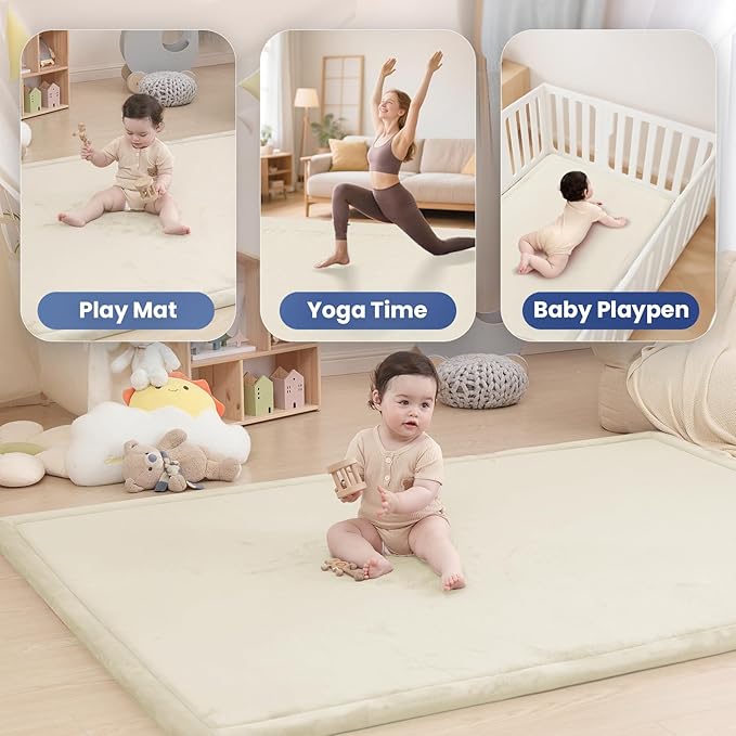 Extra Large 79"x118" Baby Activity Play Mat for Floor, 1.3" Thick Elasti Foam for Tummy Time & Crawling, Non-Slip Nursery Rug for Infants, Toddlers & Kids, Tatami Style Mat for Yoga, Living Room, Classroom & Playroom(Cream)