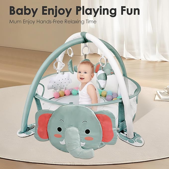 dearlomum 4-in-1 Baby Play Mat Baby Gym,Ball Pit Including 30 Balls for Newborn Toddler Boy & Girl Gifts(Elephant)