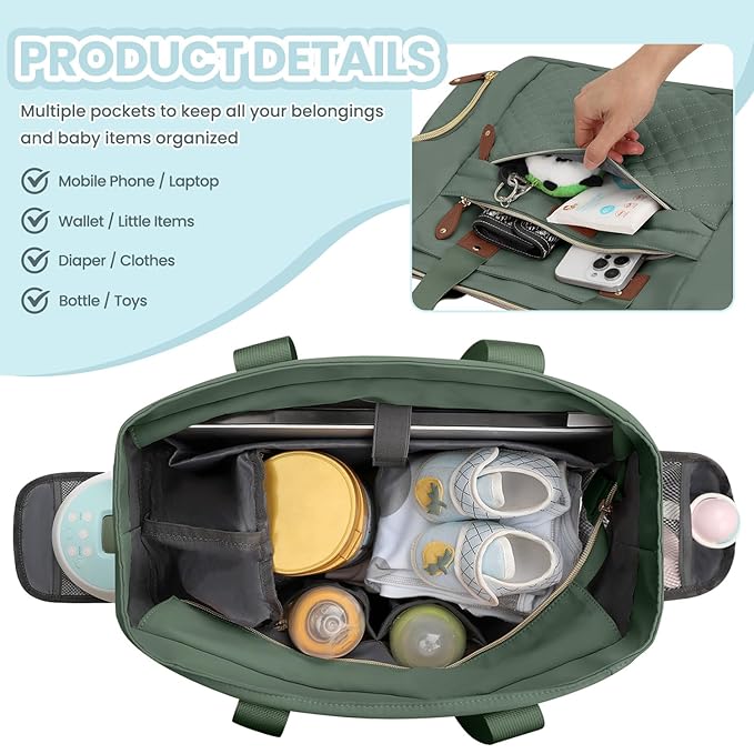 Pritent Diaper Bag Tote for Working Mom, Large Travel Diaper Tote for Mom and Dad with 14 Inch Laptop Sleeve, Mommy Maternity Travel Baby Bag for Boys and Girls, Green