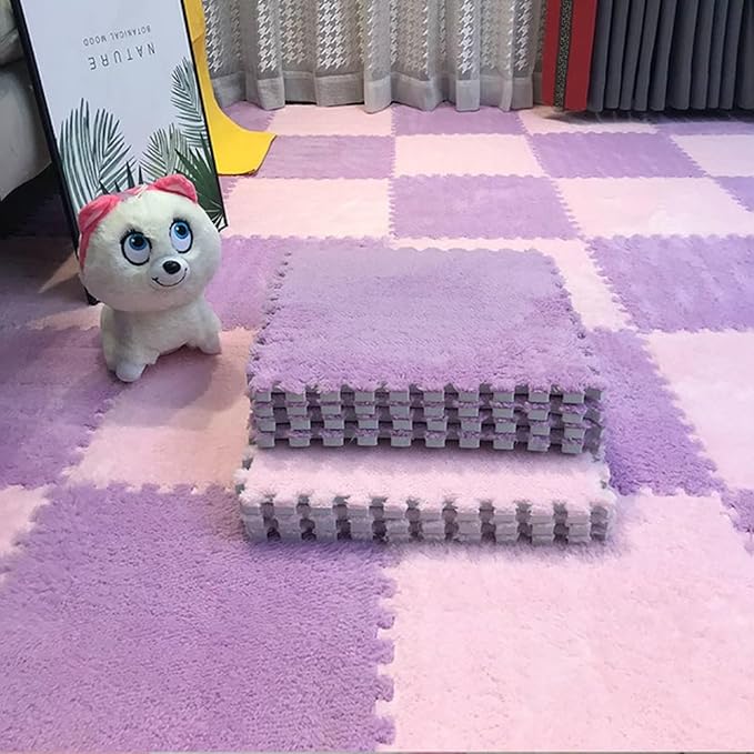 12pcs Plush Puzzle Foam Floor Mat, Soft Thicken Fluffy Interlocking Square Foam Tiles Area Rugs Carpet for Parlor Bedroom Decoration(11.8x11.8x0.55in,Purple&Pink)
