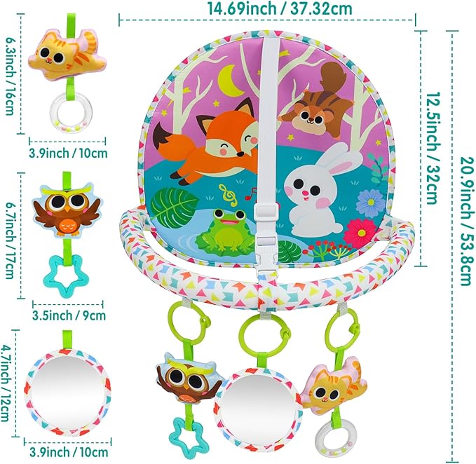 OKOOKO Car Seat Toy Rear Facing Car Seat Toy Baby Travel Toy Double-Sided with Baby Mirror Plush Toys Rattle Teether Thickened Pad Adjustable Sensory Toy for Newborn Infant